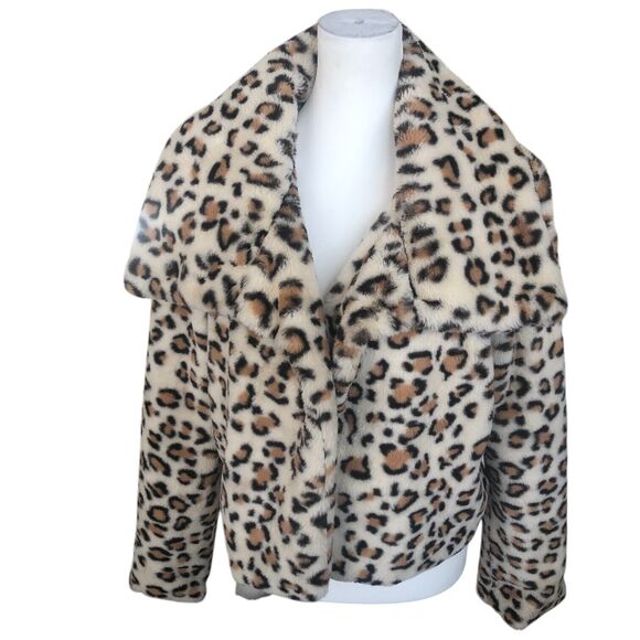 36point5 Faux Fur Cozy Soft Retro‎ Y2K Cropped Leopard Jacket Sz L - Picture 1 of 10
